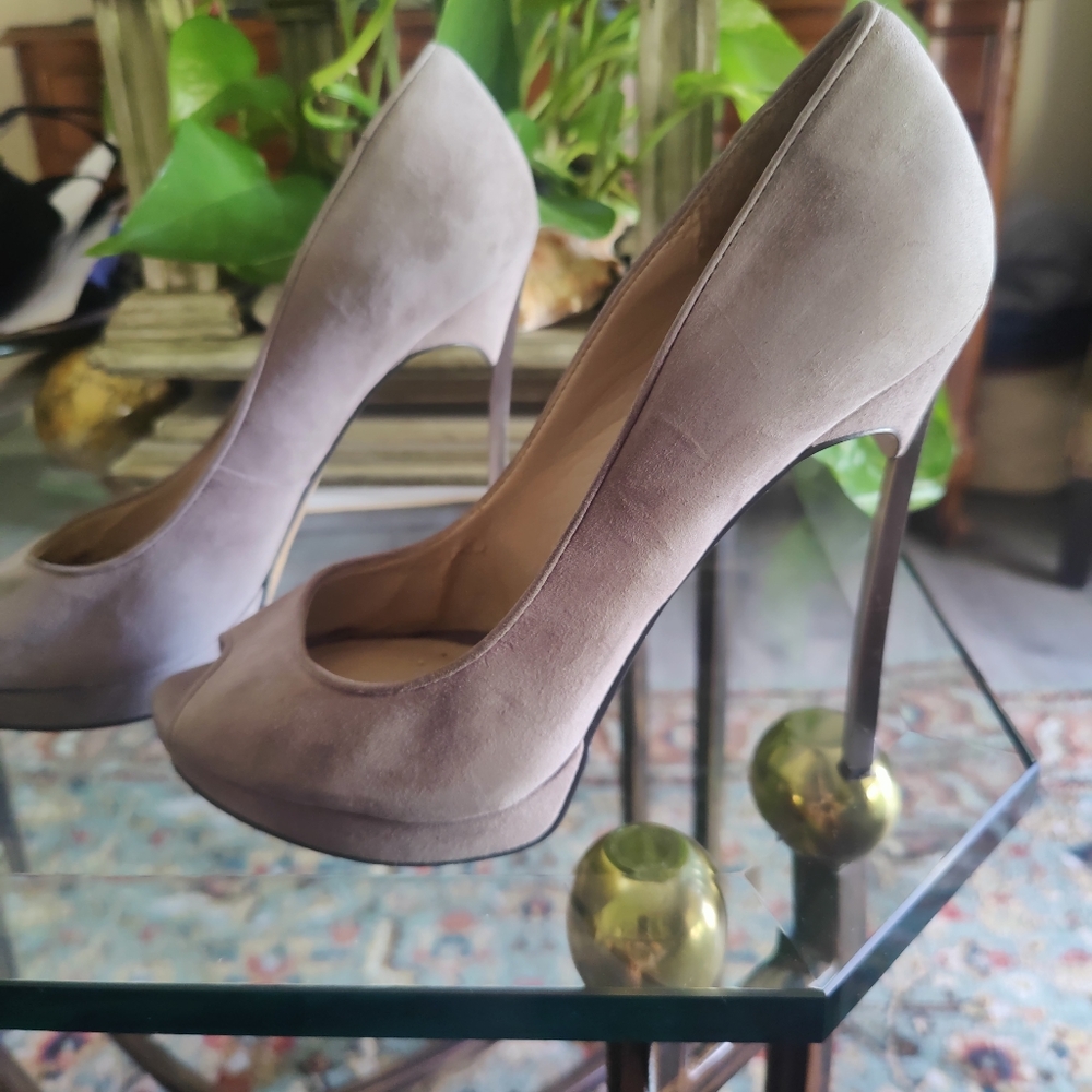Sexy sky high chrome heeled, grey suede peep toes